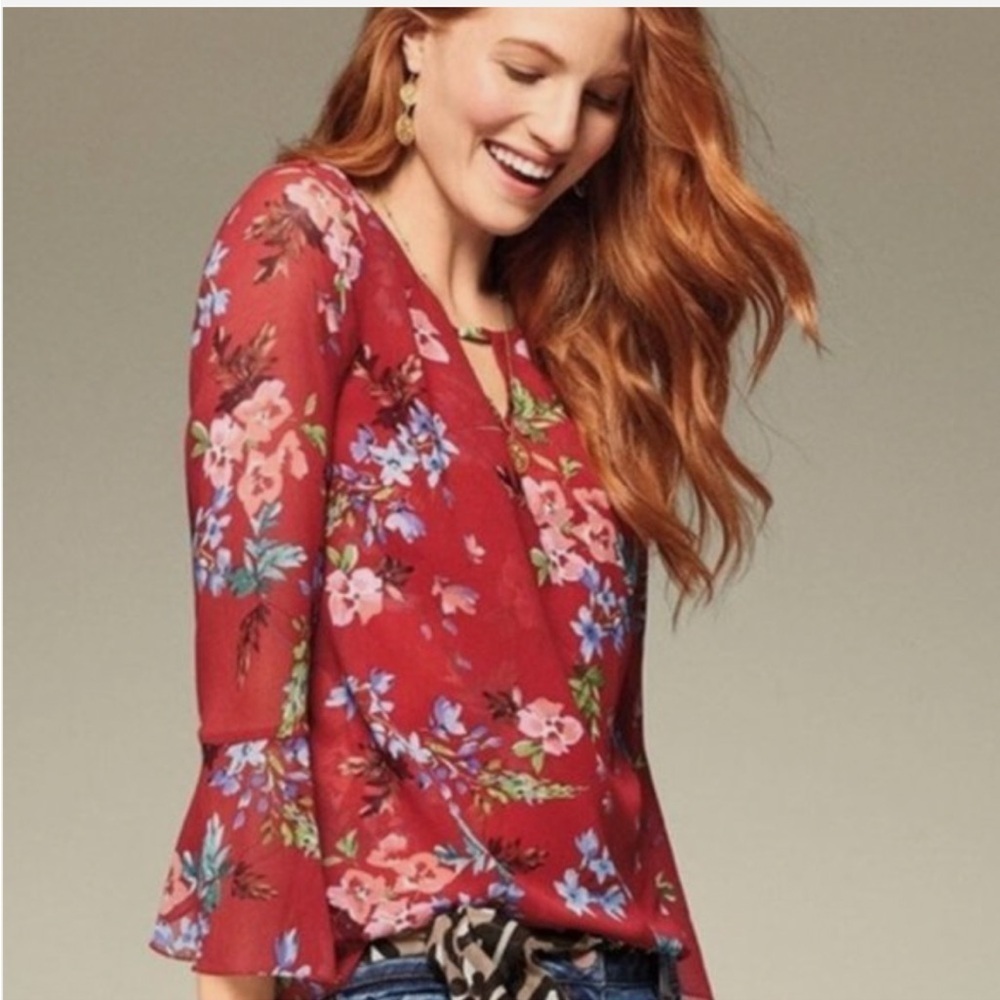 CAbi #3590 Devoted Red Floral Blouse Small Keyhole Chiffon